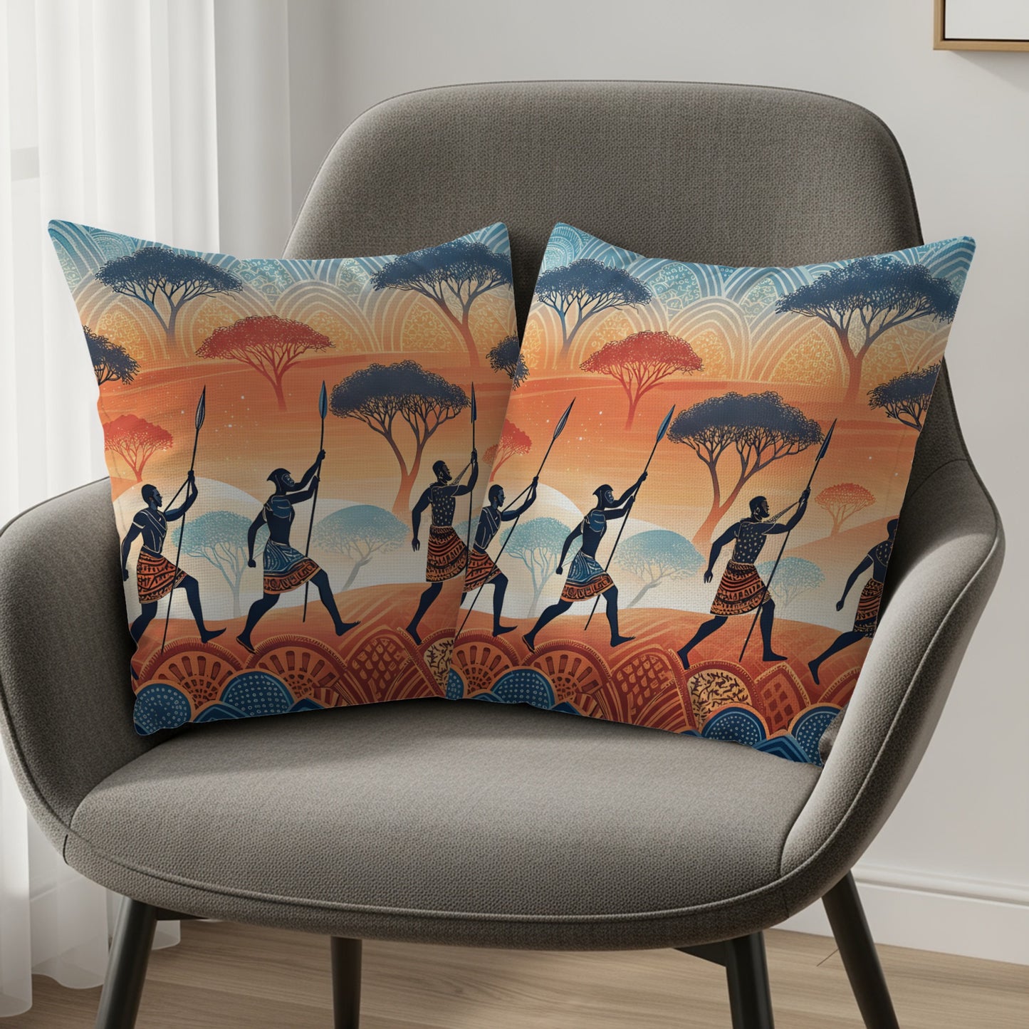 African Safari Warriors Under Acacia Trees Pattern Pillows & Pillow Cases - Walk Greener