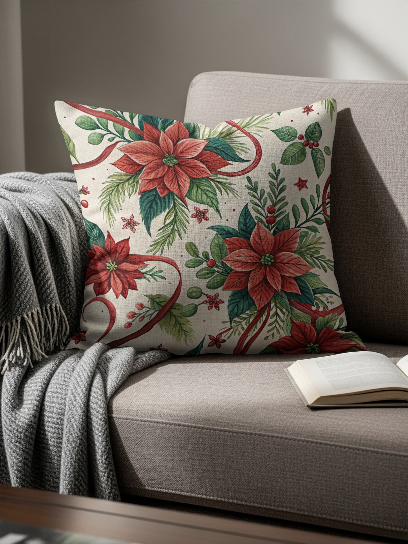 Festive Poinsettia Design Decorative Throw Pillow