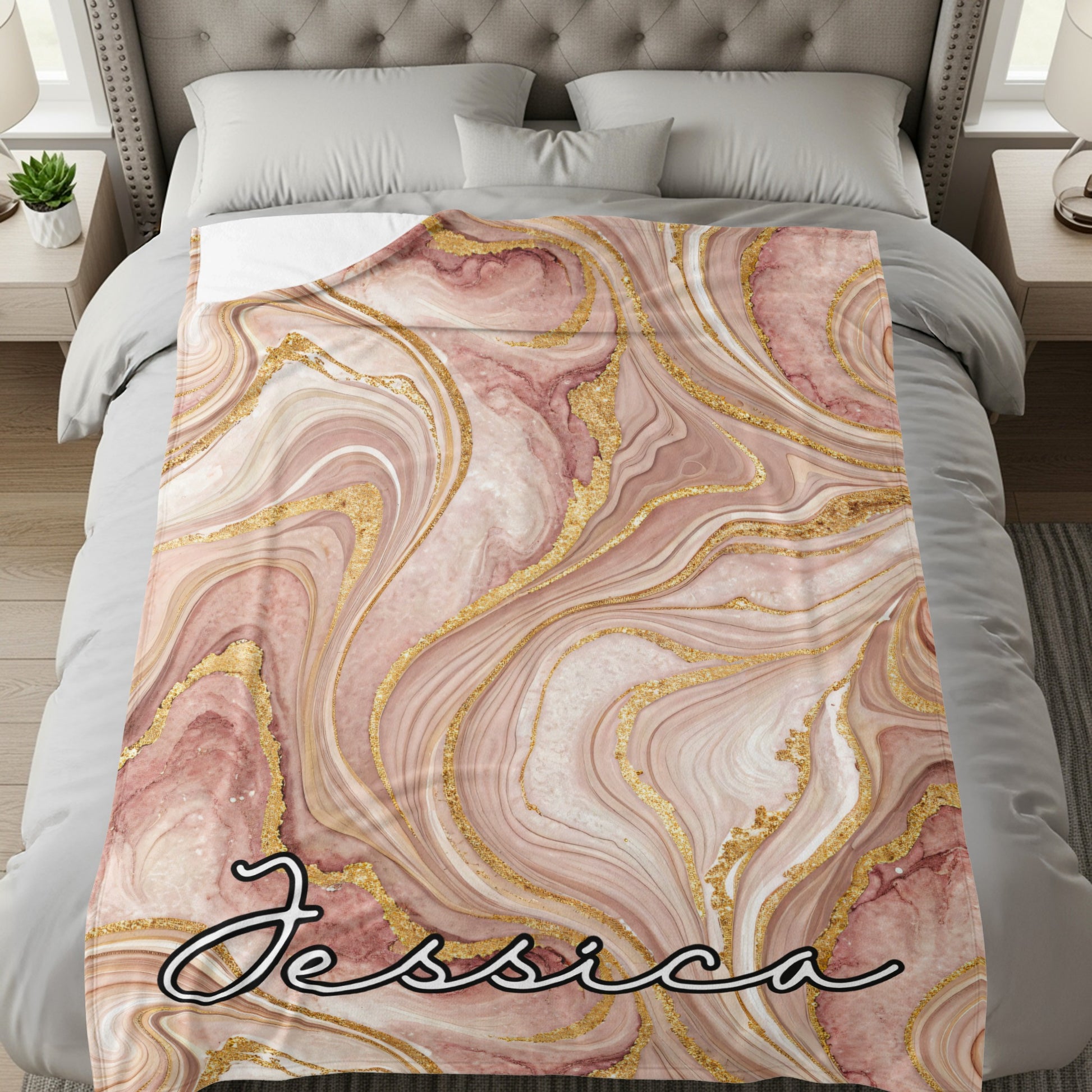 Personalized Pink and Gold Marble Pattern Blanket
