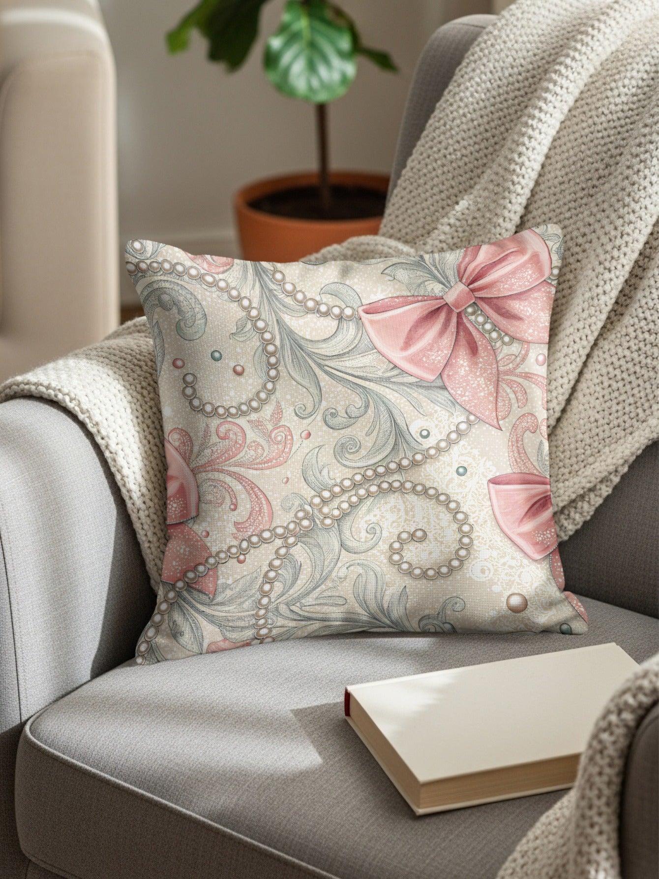 Elegant Pink Bow and Pearls Accent Pillow Design
