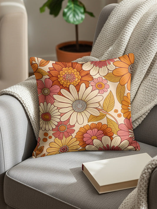 Groovy Floral Pattern in Retro Colors Design Throw Pillows - Walk Greener