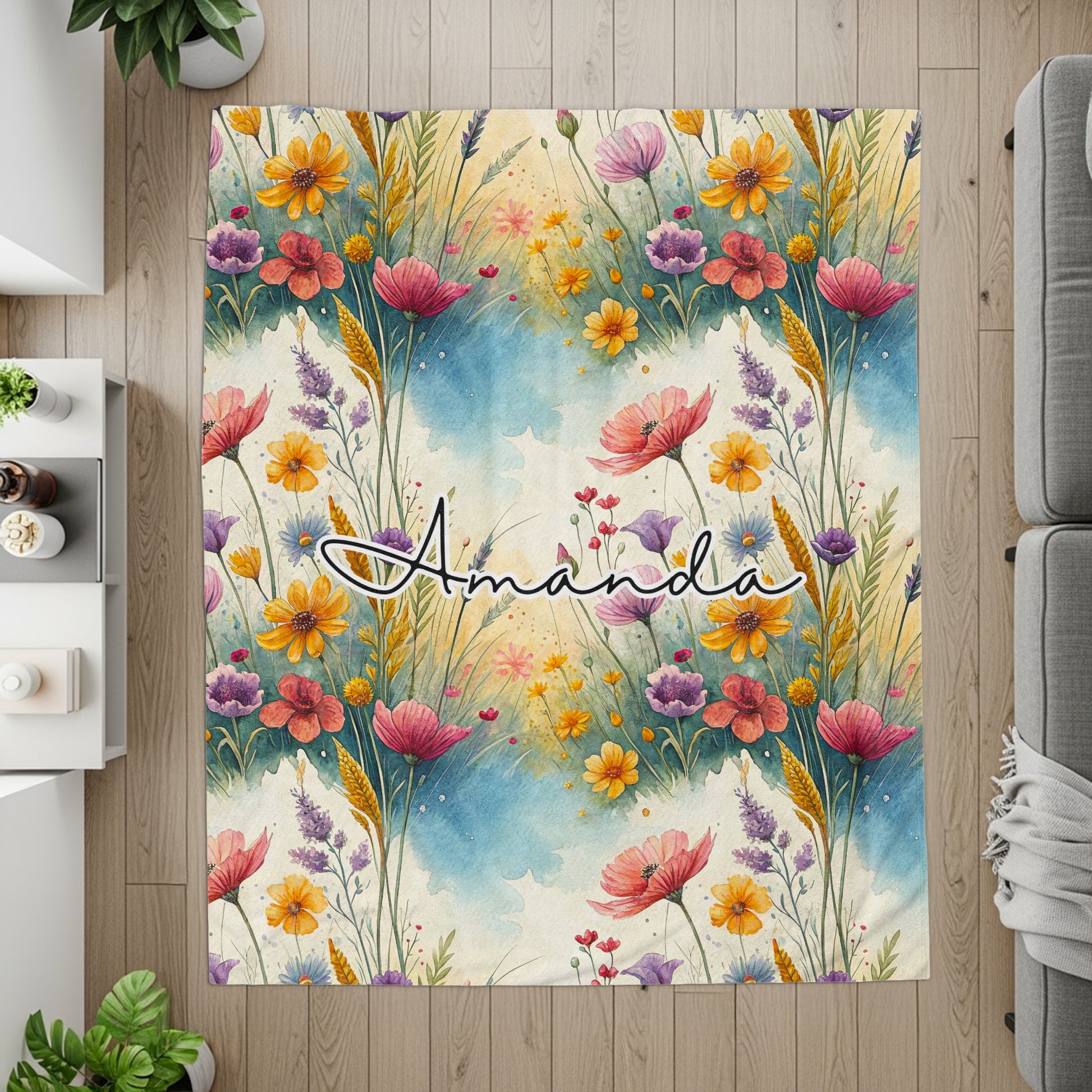Beautiful Floral Design Custom Name Rug for Living Room