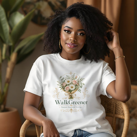 White t-shirt with floral bouquet and text "WalkGreener Nature Inspired Living".