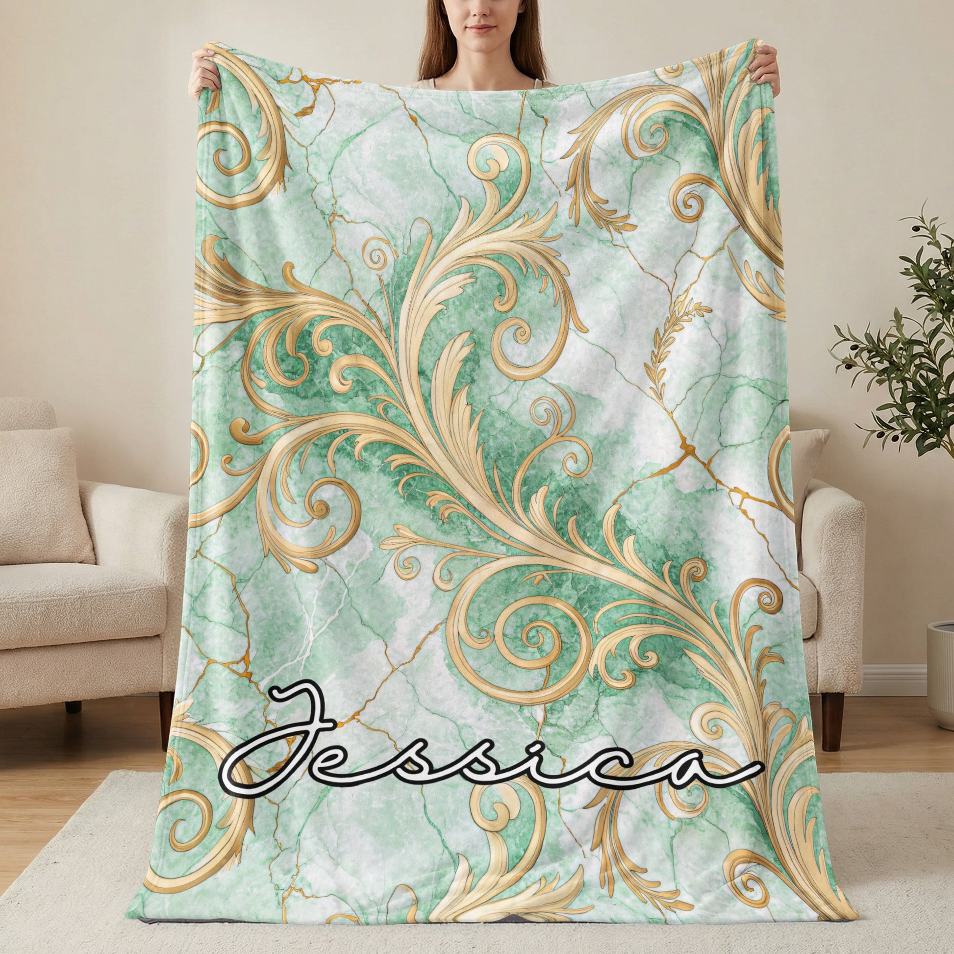 Personalized Green Gold Elegance Throw Blanket
