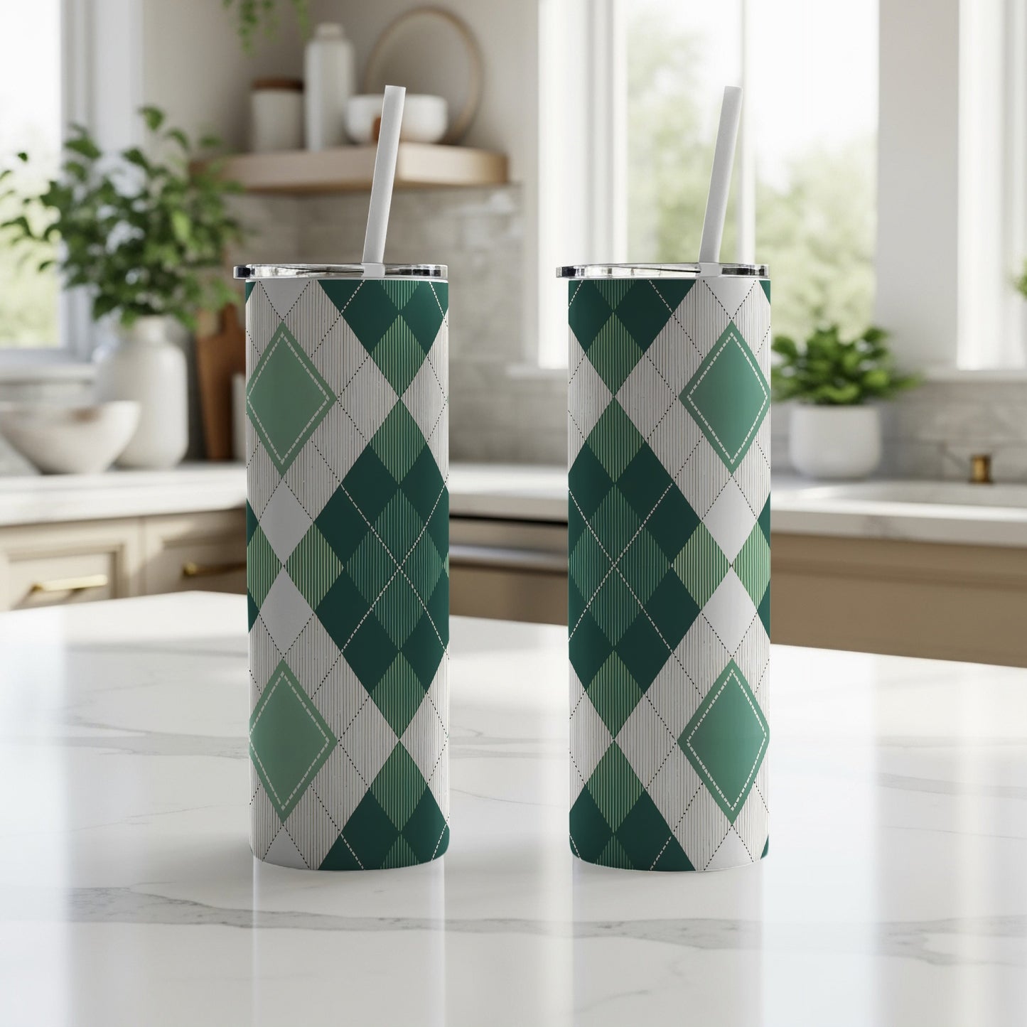 Argyle Pattern with Green and White Squares Design Tumbler - Walk Greener