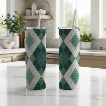 Argyle Pattern with Green and White Squares Design Tumbler - Walk Greener