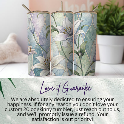 White Lilies Floral Design On Geometric Pattern 20 oz Skinny Tumbler - Walk Greener