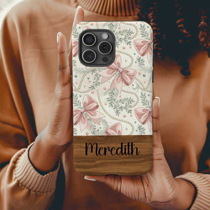 Personalized Pink Bow and Leaf Pattern Phone Case