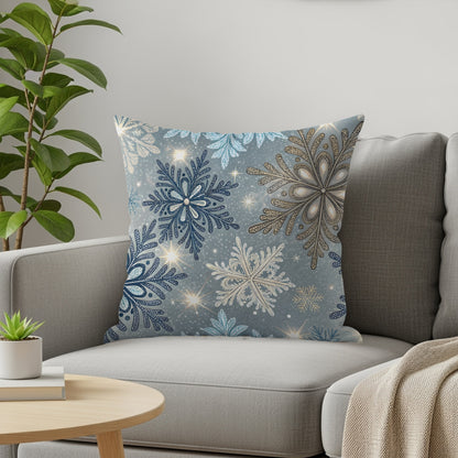 Winter snowflake throw pillow styled on a sofa with a cream knit throw