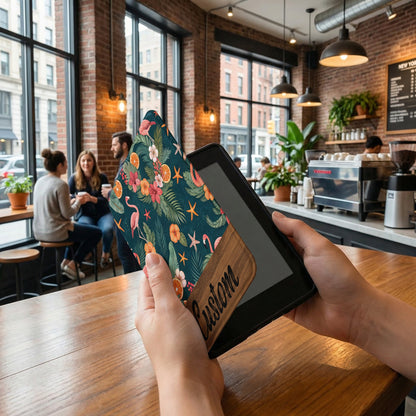 Custom Floral and Flamingo Tablet Sleeve with Wooden Detail