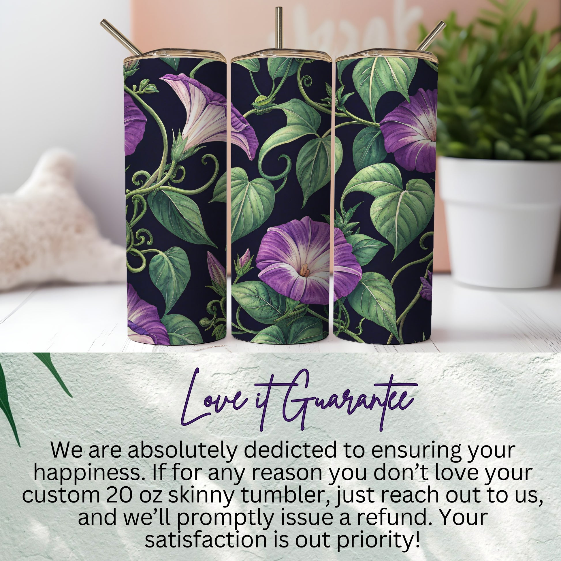 Purple Morning Glory Floral Pattern Art Print Tumblers - Walk Greener