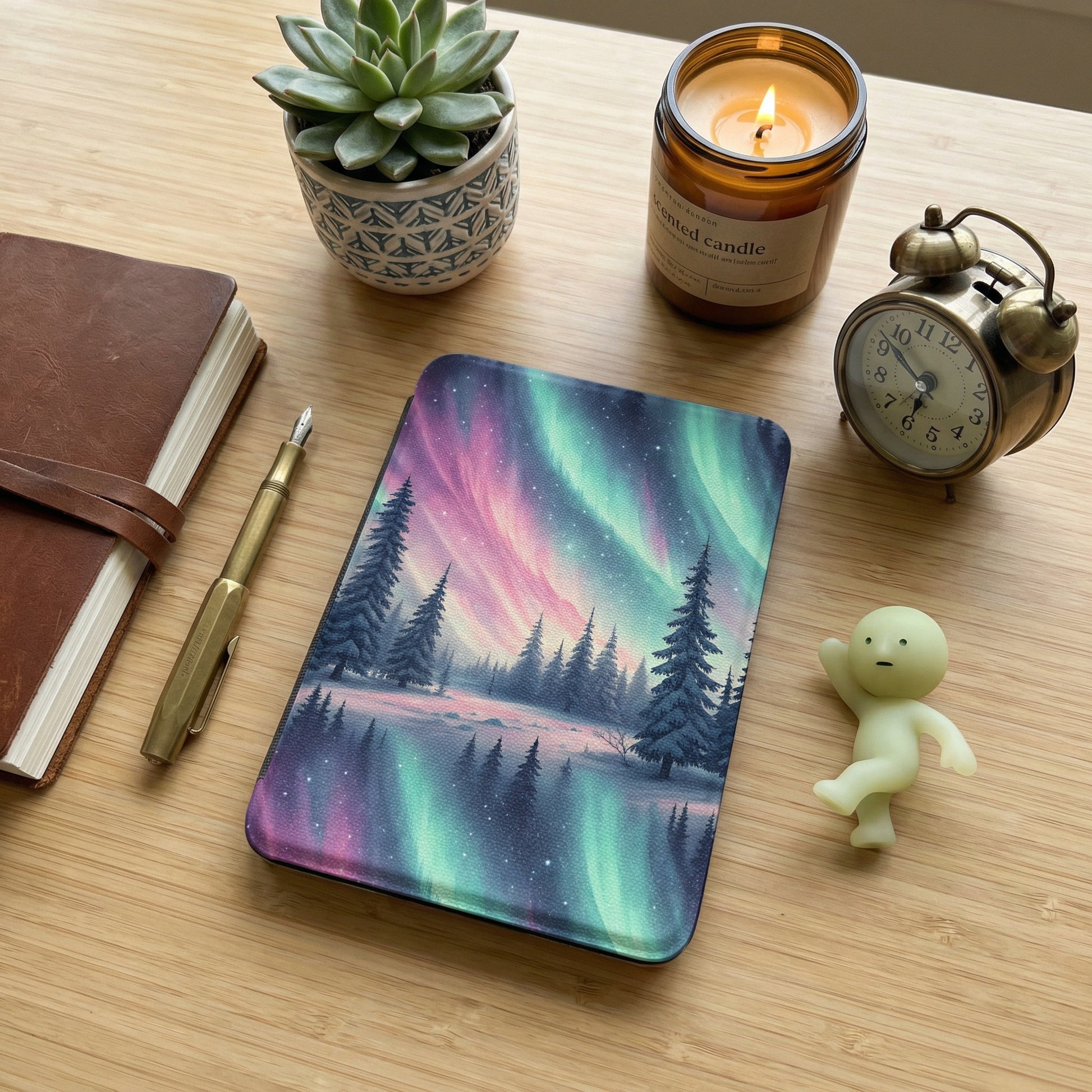 Northern Lights Forest Scene Desktop Decor Item