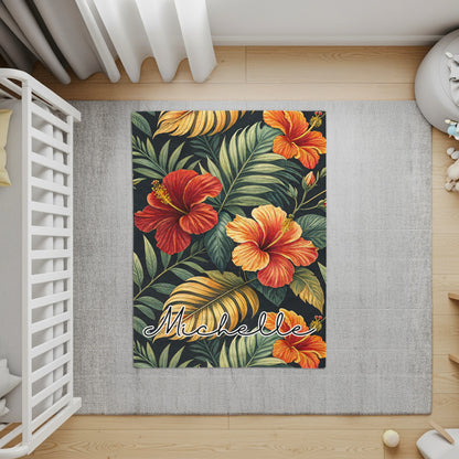 Personalized Tropical Floral Rug with Custom Name Design