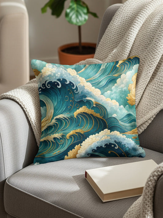 Japanese Inspired Artistic Ocean Waves Design Throw Pillows - Walk Greener