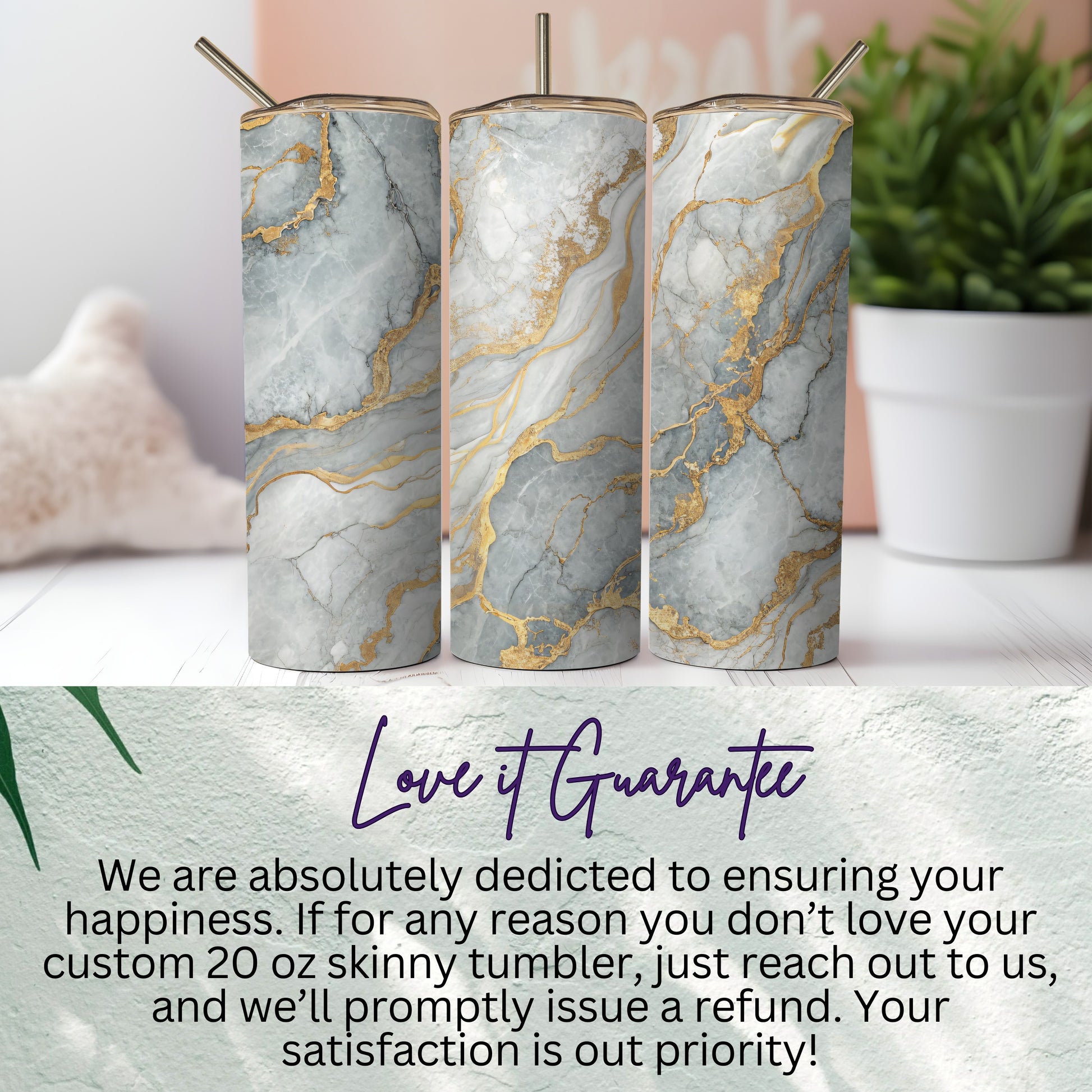 Marble and Gold Custom 20 oz Skinny Tumbler Product