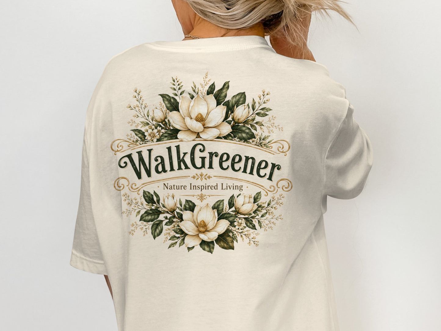 Cream t-shirt with floral design and text "WalkGreener Nature Inspired Living".