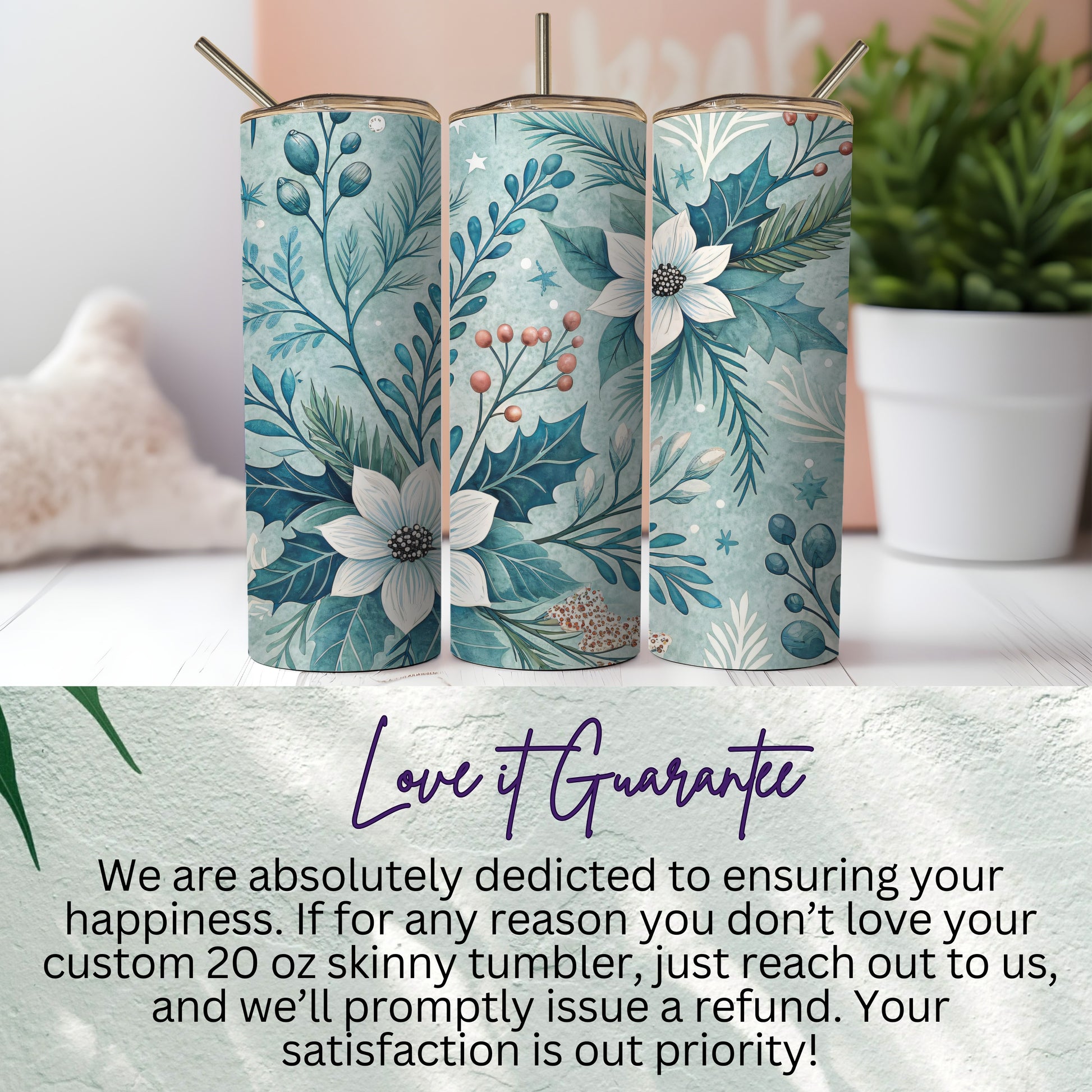 Custom 20 oz Skinny Tumbler with Floral Winter Design