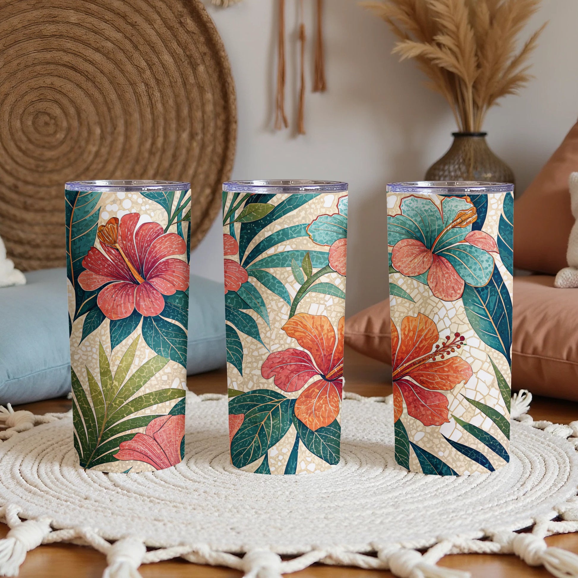 Tropical Hibiscus Flowers Artistic Pattern 20 oz Skinny Tumbler - Walk Greener