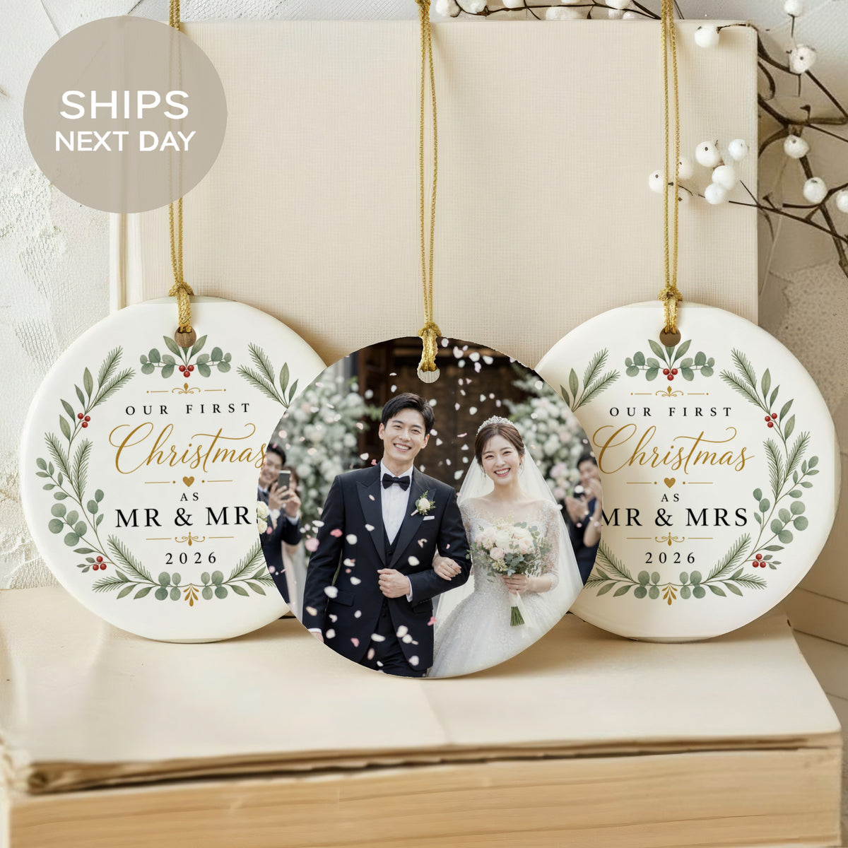 Our first Christmas as Mr & Mr/Mrs 2026 ornament with wedding photo.