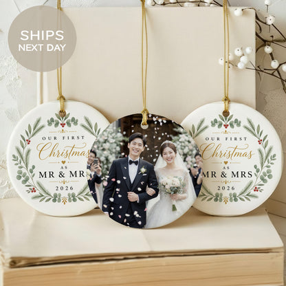 Our first Christmas as Mr & Mr/Mrs 2026 ornament with wedding photo.