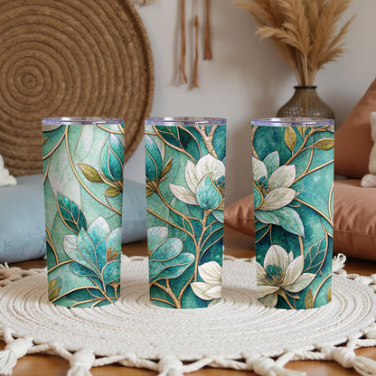 Teal Stained Glass Floral Art Design on 20 oz Skinny Tumbler - Walk Greener