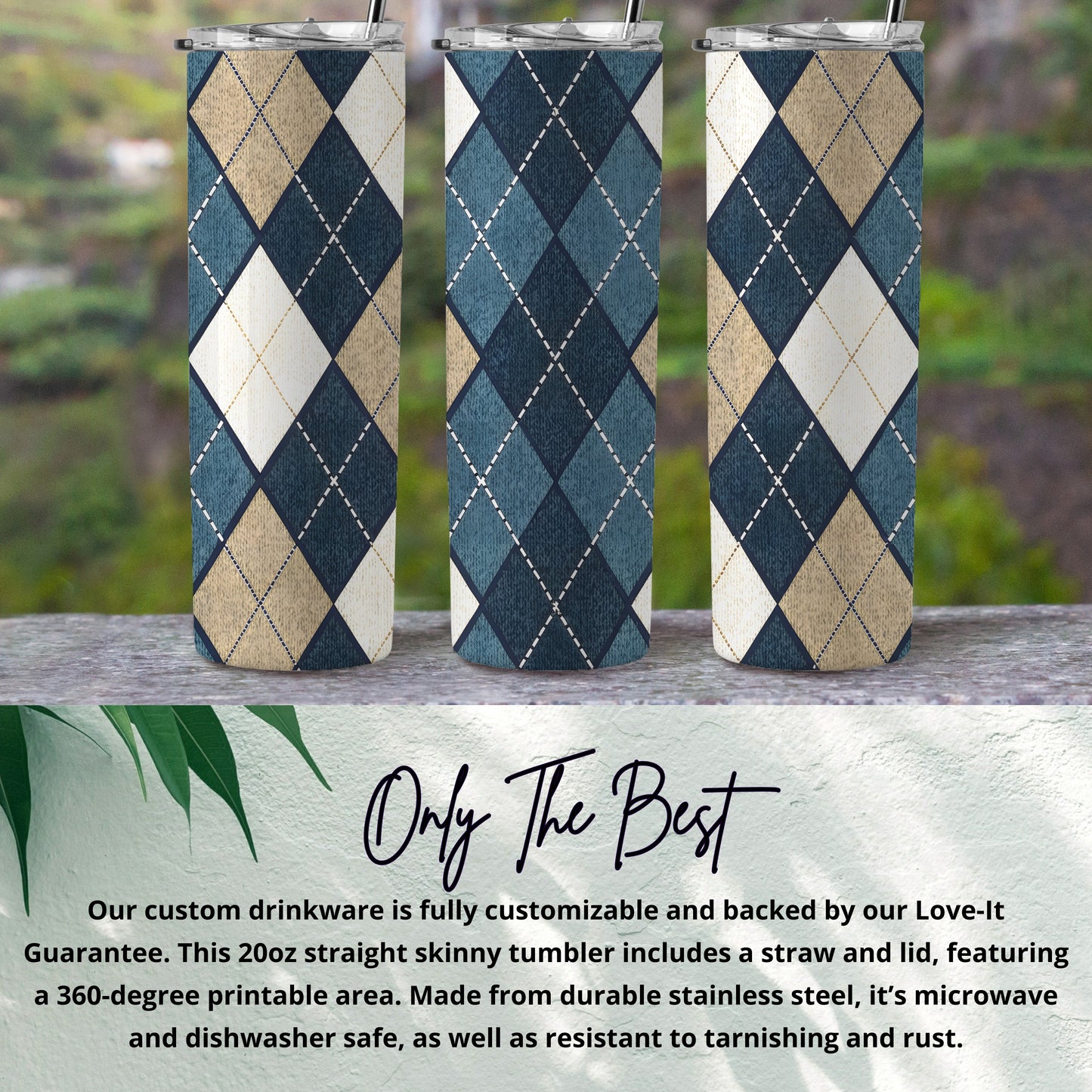 Argyle Patterned 20oz Straight Skinny Tumbler