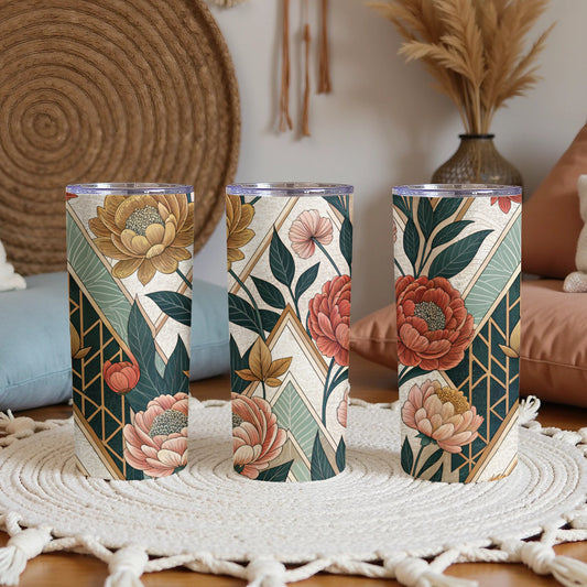 Elegant Floral Arrangement On Geometric Background 20 oz Skinny Tumbler - Walk Greener
