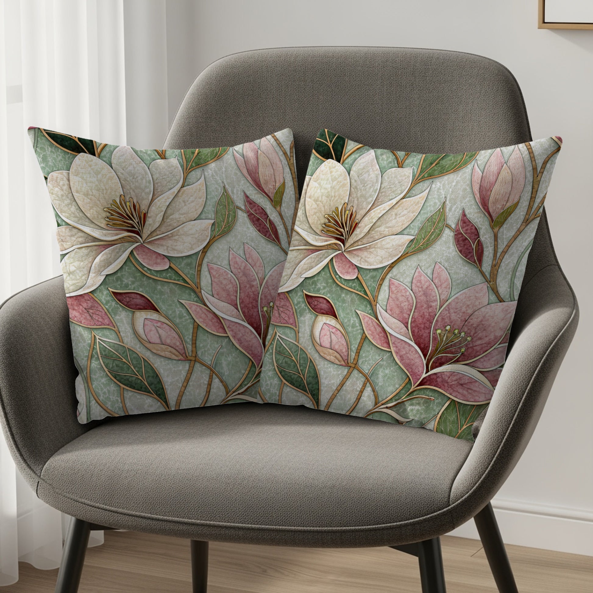 Floral Magnolias On Green Background Pattern Throw Pillows - Walk Greener