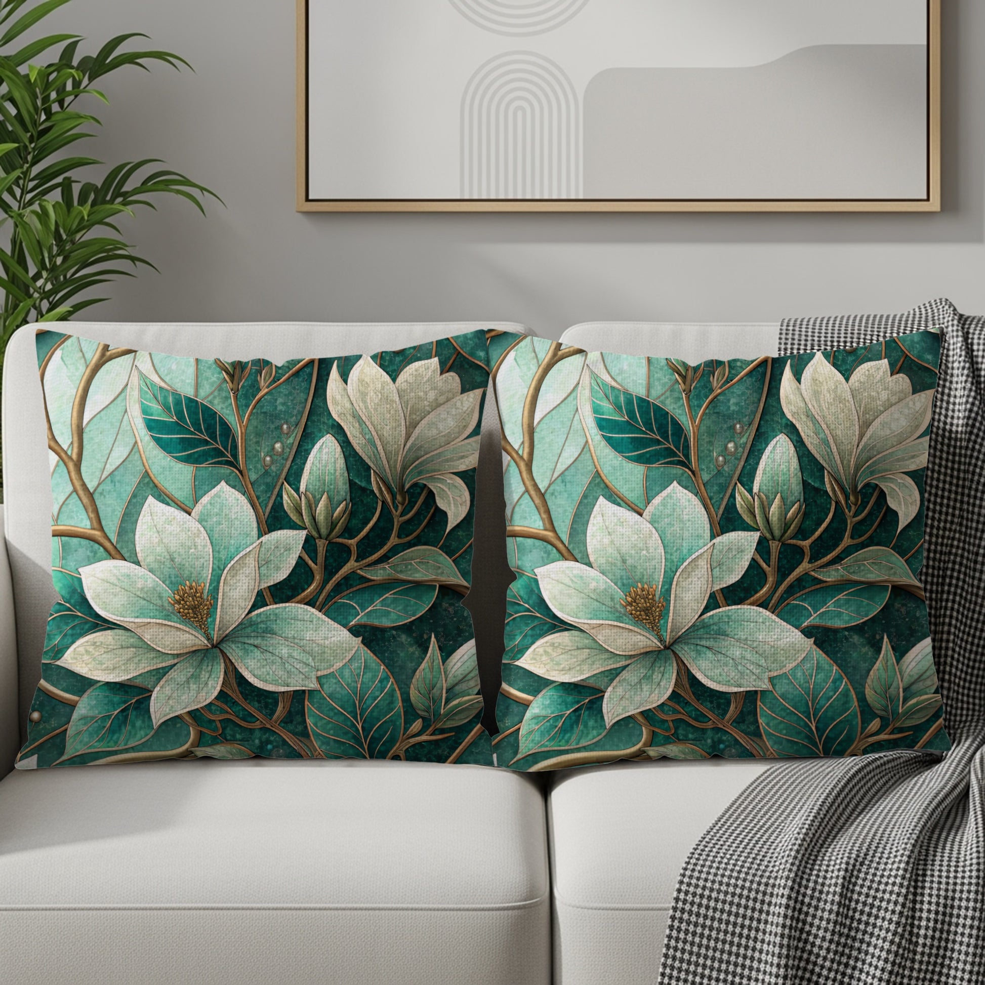 Emerald Magnolia Blossom and Vines Pattern Design Throw Pillows - Walk Greener