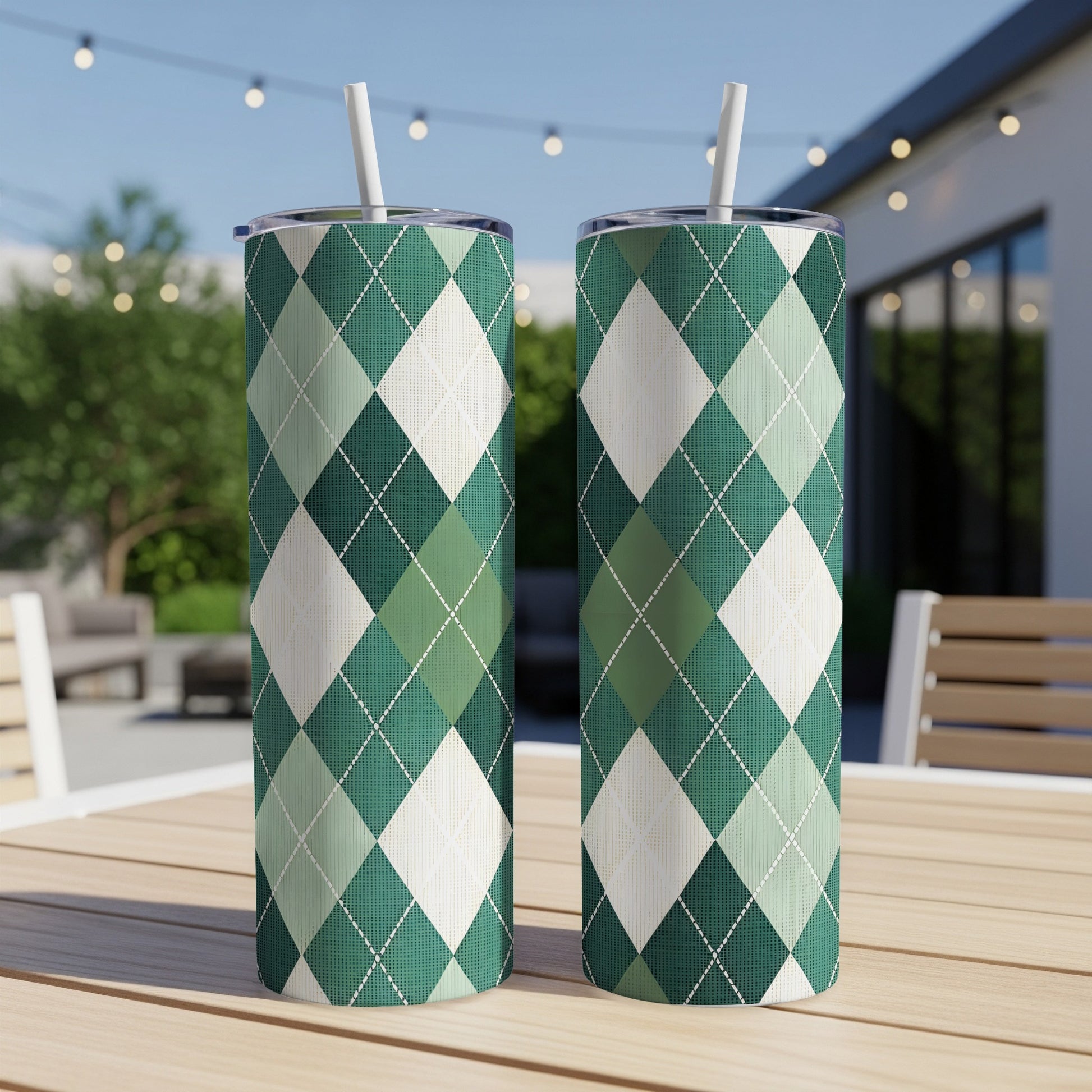 Green and White Argyle Patterned Drinkware Product