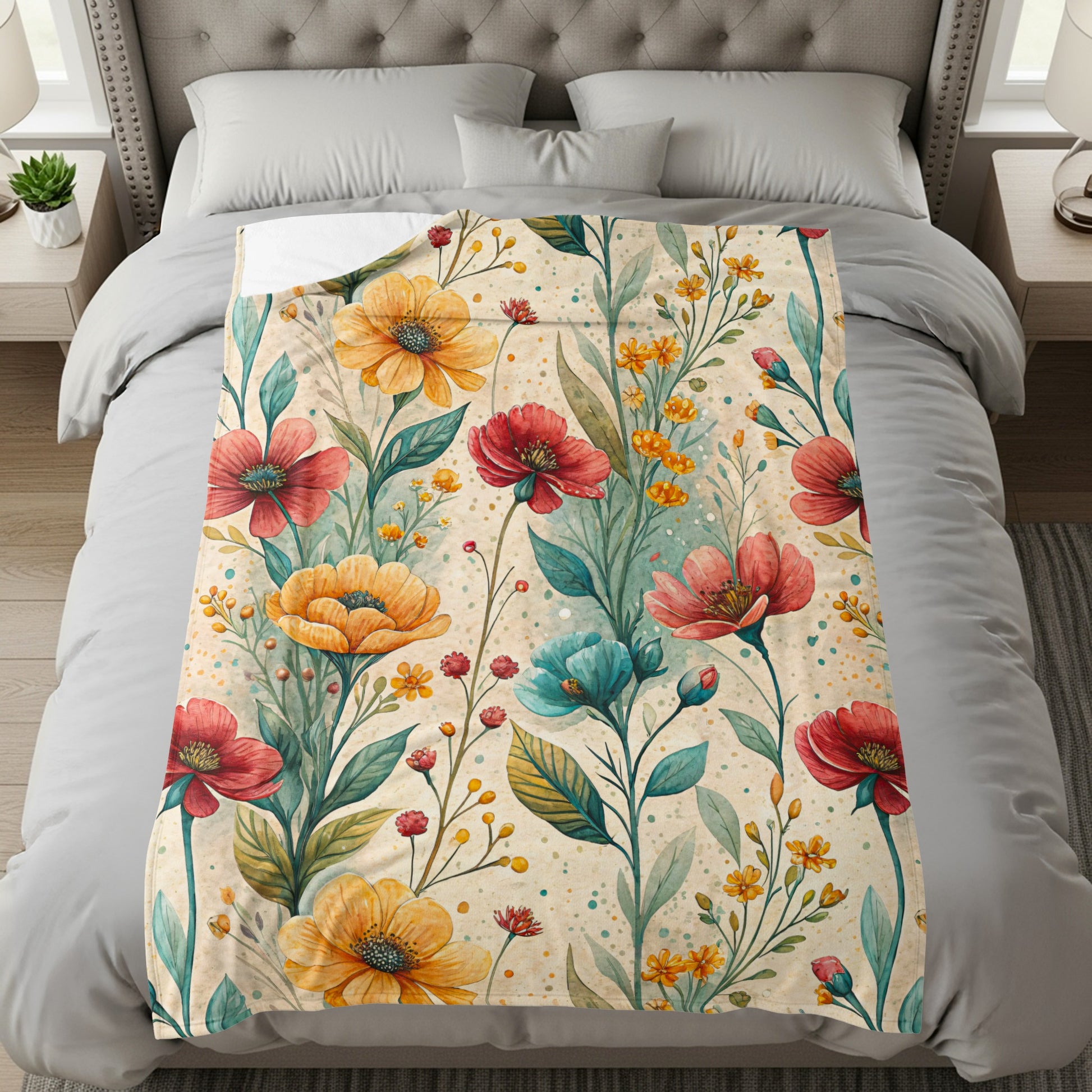 Floral Pattern with Watercolor Style Velveteen Plush Blankets - Walk Greener
