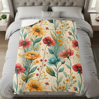 Floral Pattern with Watercolor Style Velveteen Plush Blankets - Walk Greener