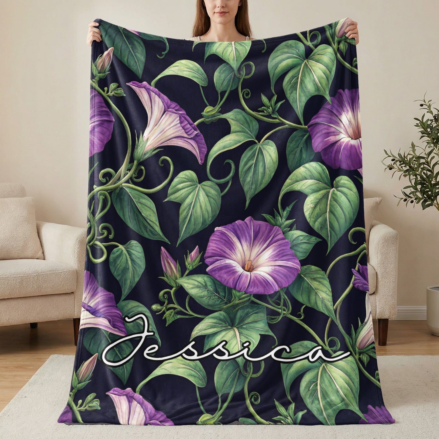 Purple Morning Glory Personalized Blanket Jessica