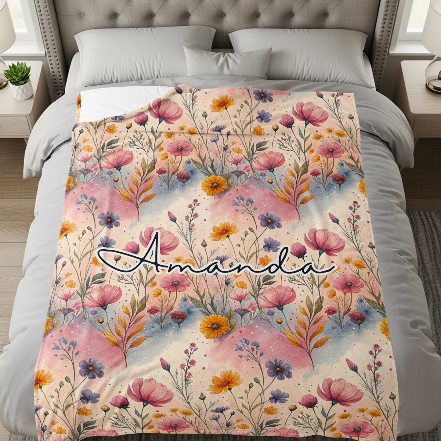 Personalized Floral Pattern Blanket with Name Amanda