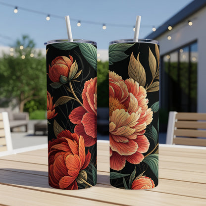 Floral Design Tumbler with Red and Green Accents
