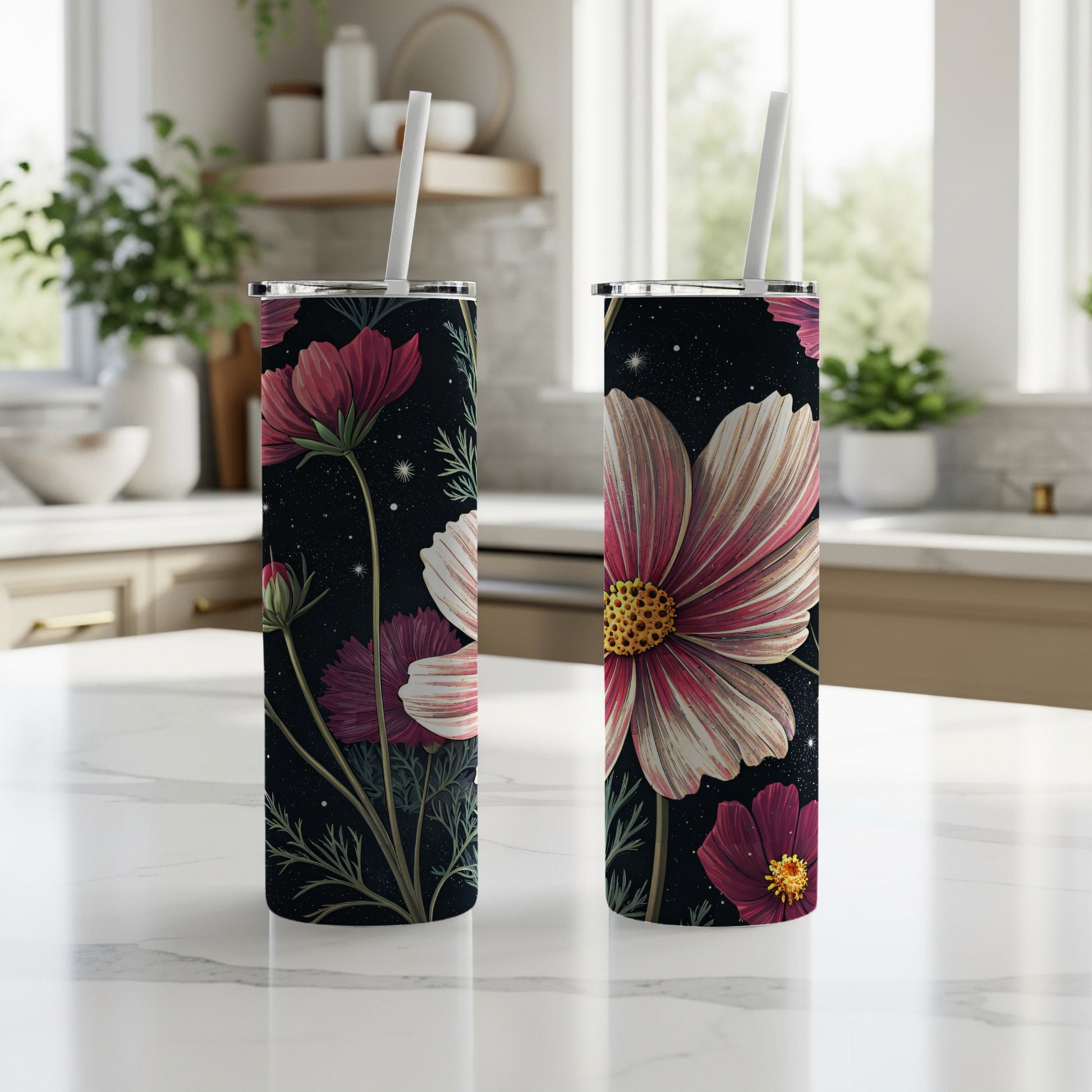 Elegant Cosmos Floral Pattern Design on Dark Backdrop Tumblers - Walk Greener
