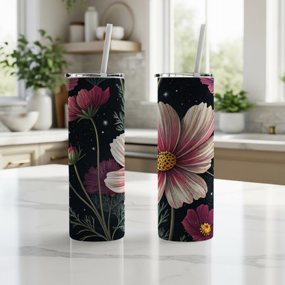 Elegant Cosmos Floral Pattern Design on Dark Backdrop Tumblers - Walk Greener