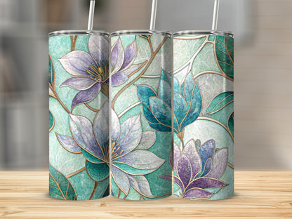 Floral Stained Glass Design Beautiful Flowers Style Art 20 oz Skinny Tumbler - Walk Greener