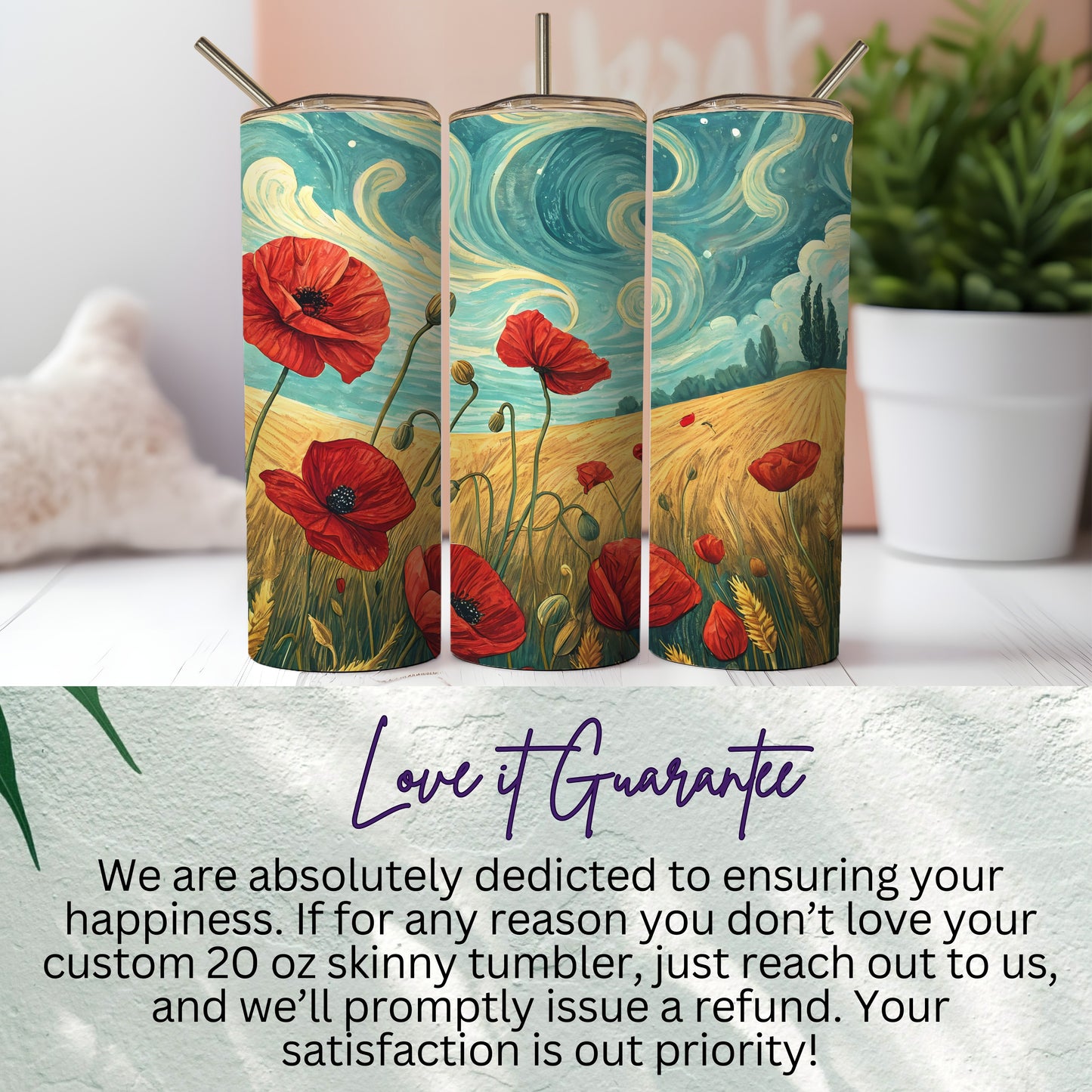Vibrant Custom Skinny Tumbler with Poppy Flower Design