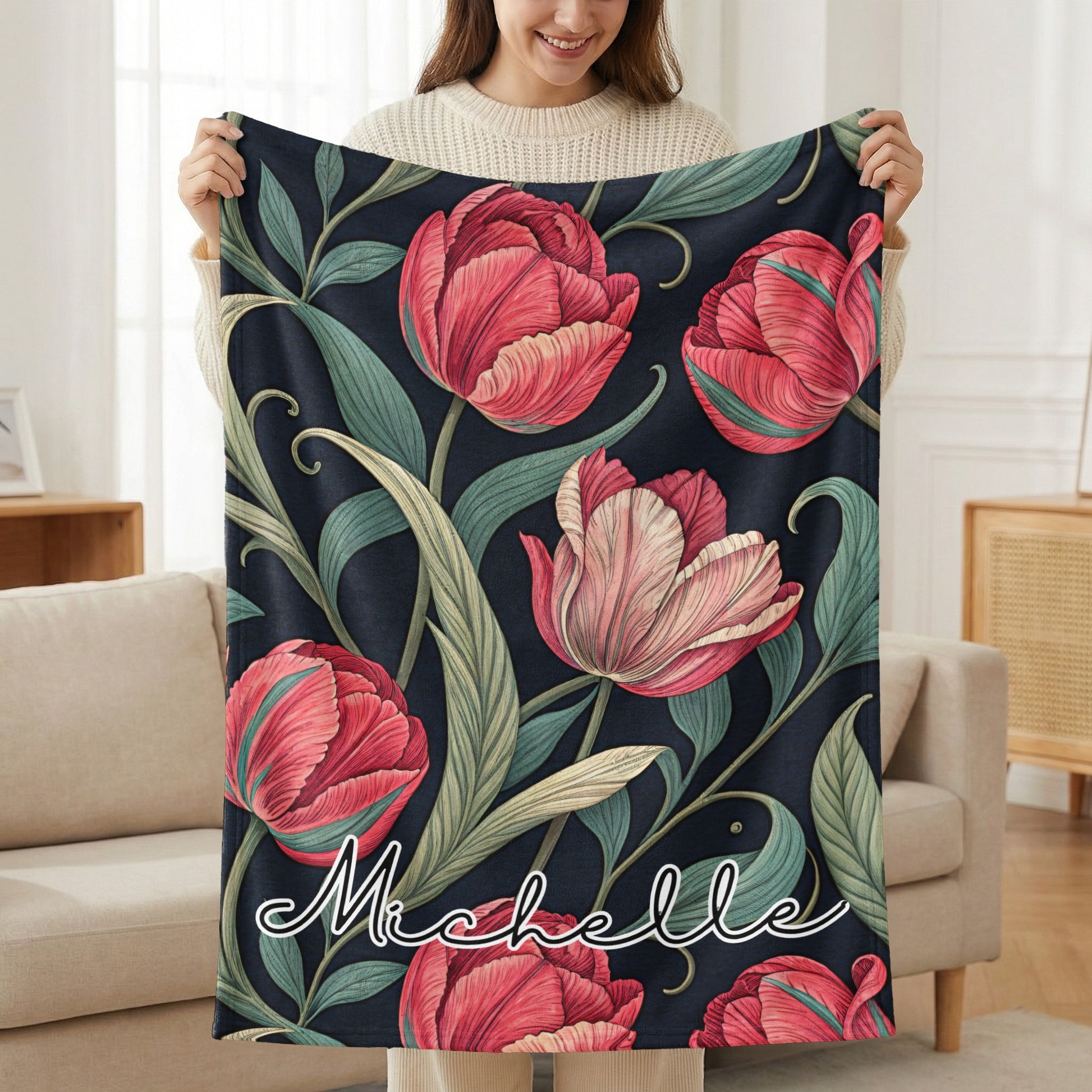 Floral Personalized Michelle Blanket with Red Tulips Theme
