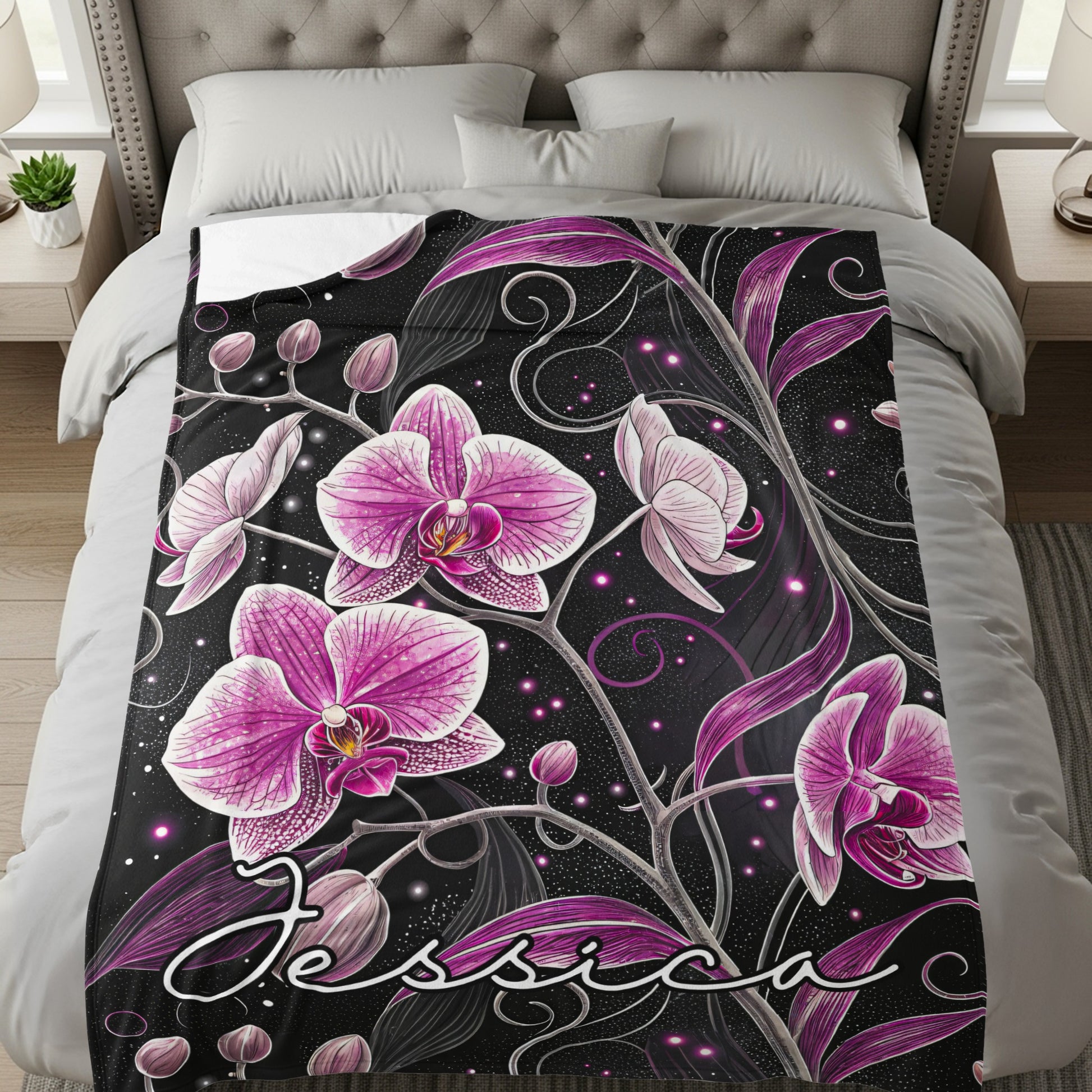 Personalized Orchid Floral Blanket with Jessica Name