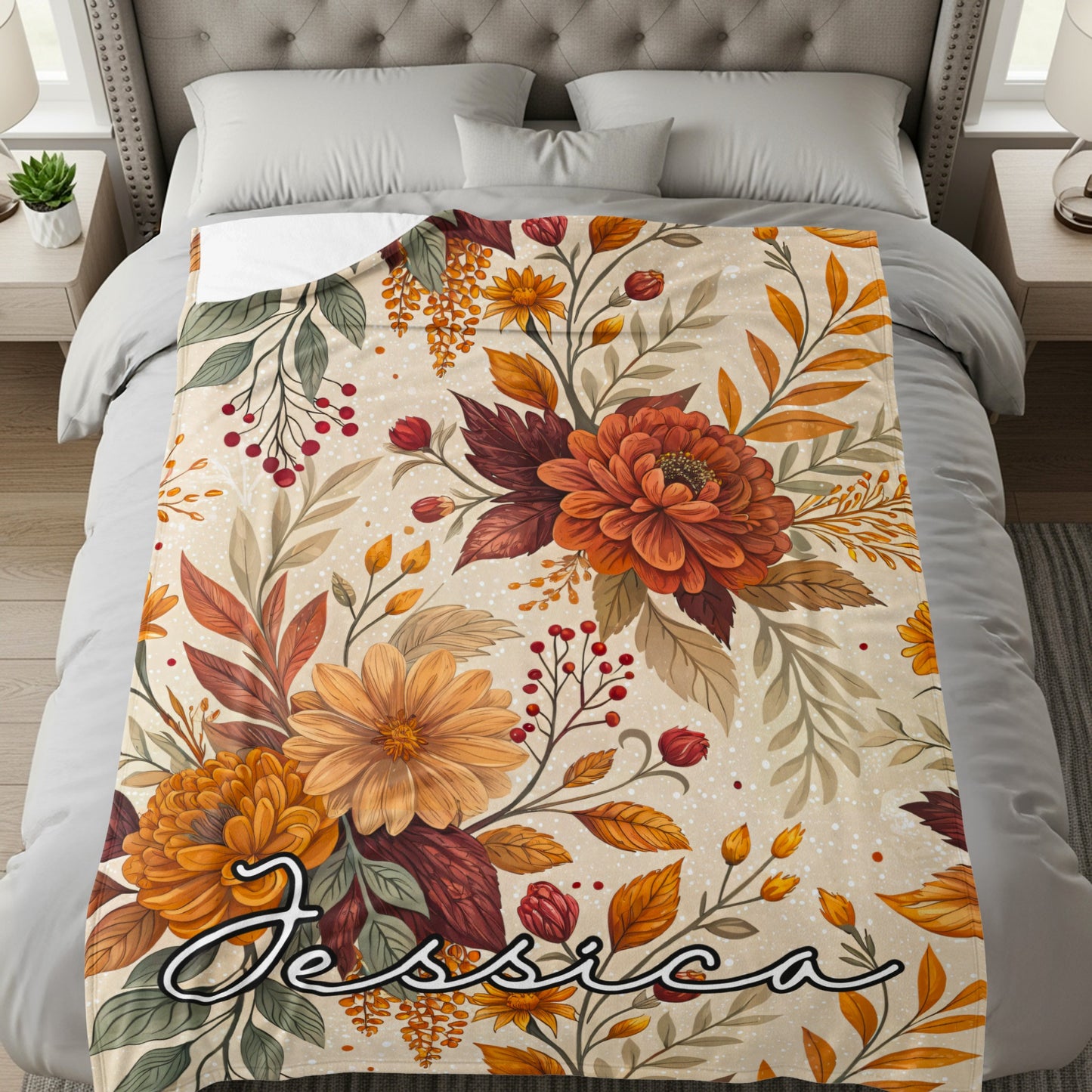 Personalized Floral Design Blanket with Jessica Name