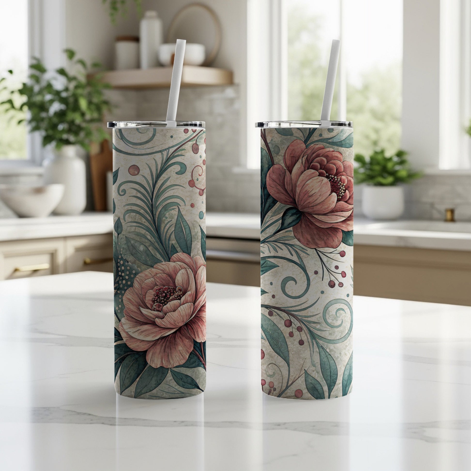 Watercolor Floral Elegant Roses and Leaves Design 20 oz Skinny Tumbler - Walk Greener
