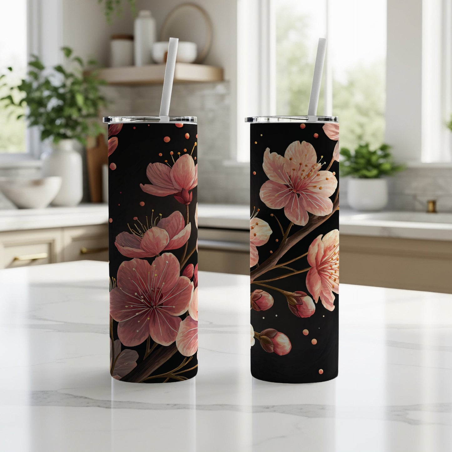 Floral Blossoms Stainless Steel Tumbler with Straw