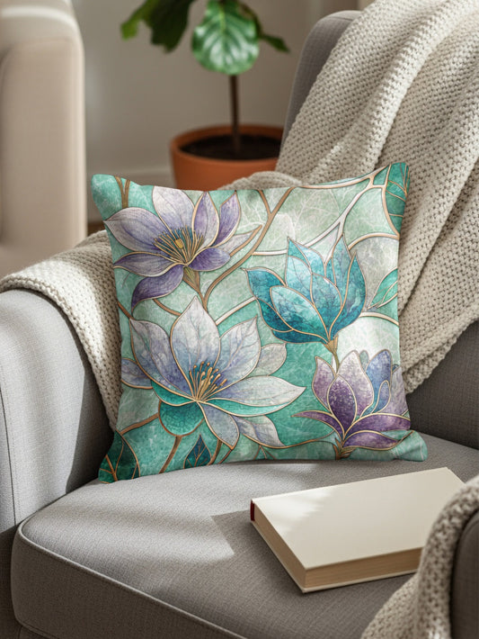 Teal Floral and Leaf Design Pattern Decor Art Throw Pillows - Walk Greener