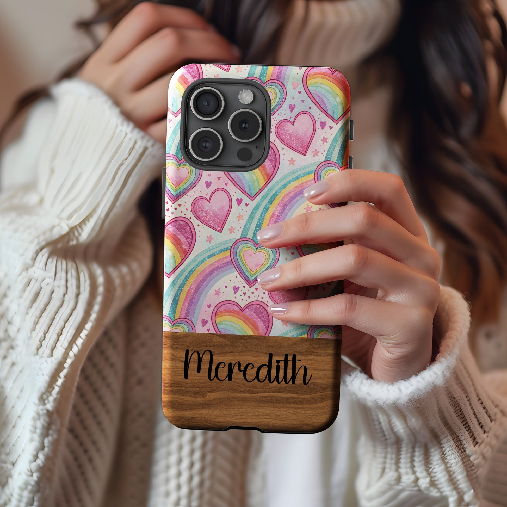 Rainbow Hearts Pattern Design with Custom Name Custom Phone Case - Walk Greener