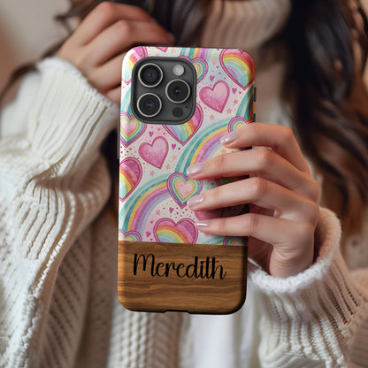 Rainbow Hearts Pattern Design with Custom Name Custom Phone Case - Walk Greener