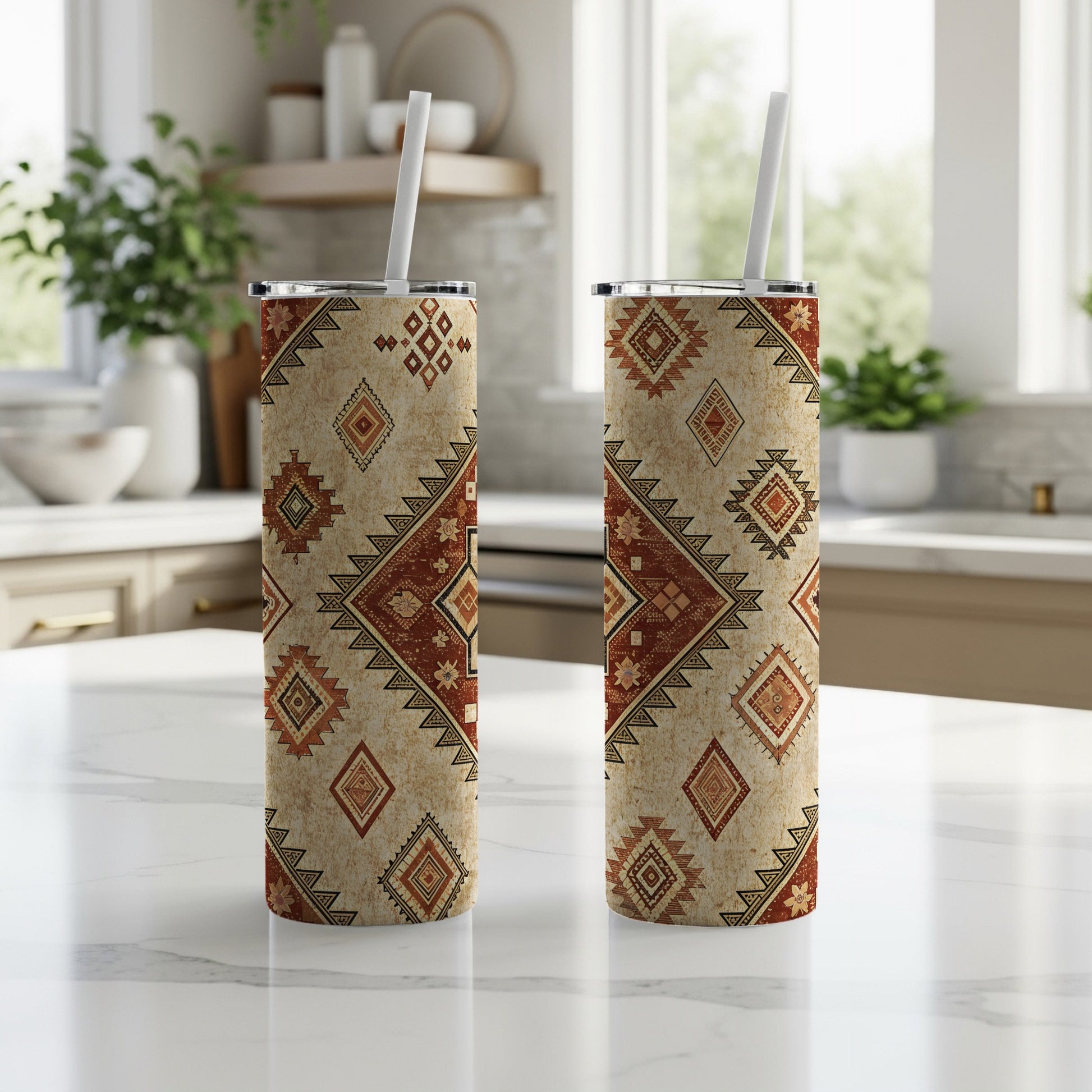 Bohemian Tribal Patterned Insulated Tumbler with Straw