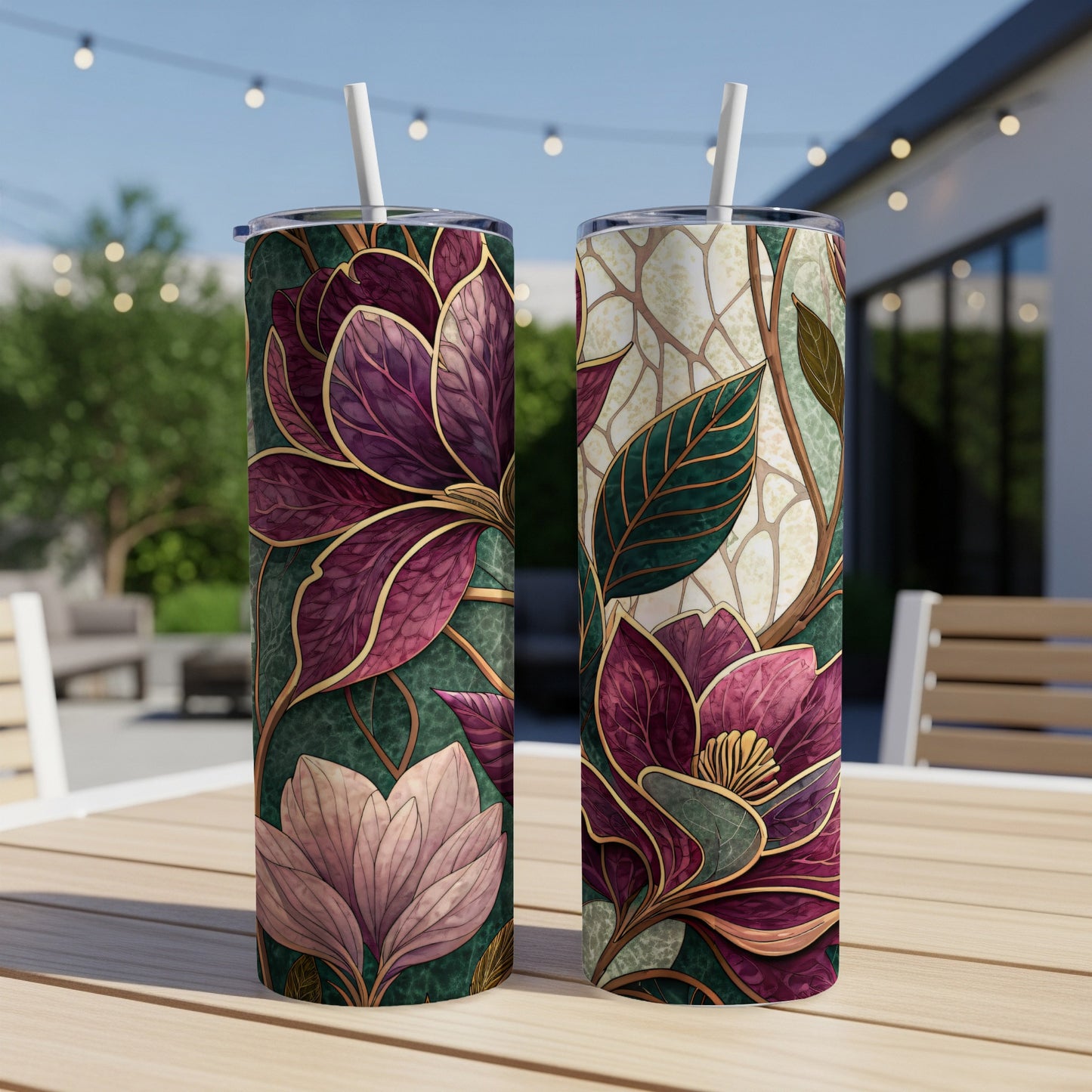Abstract Floral Design with Gold Outlines and Lush Colors 20 oz Skinny Tumbler - Walk Greener