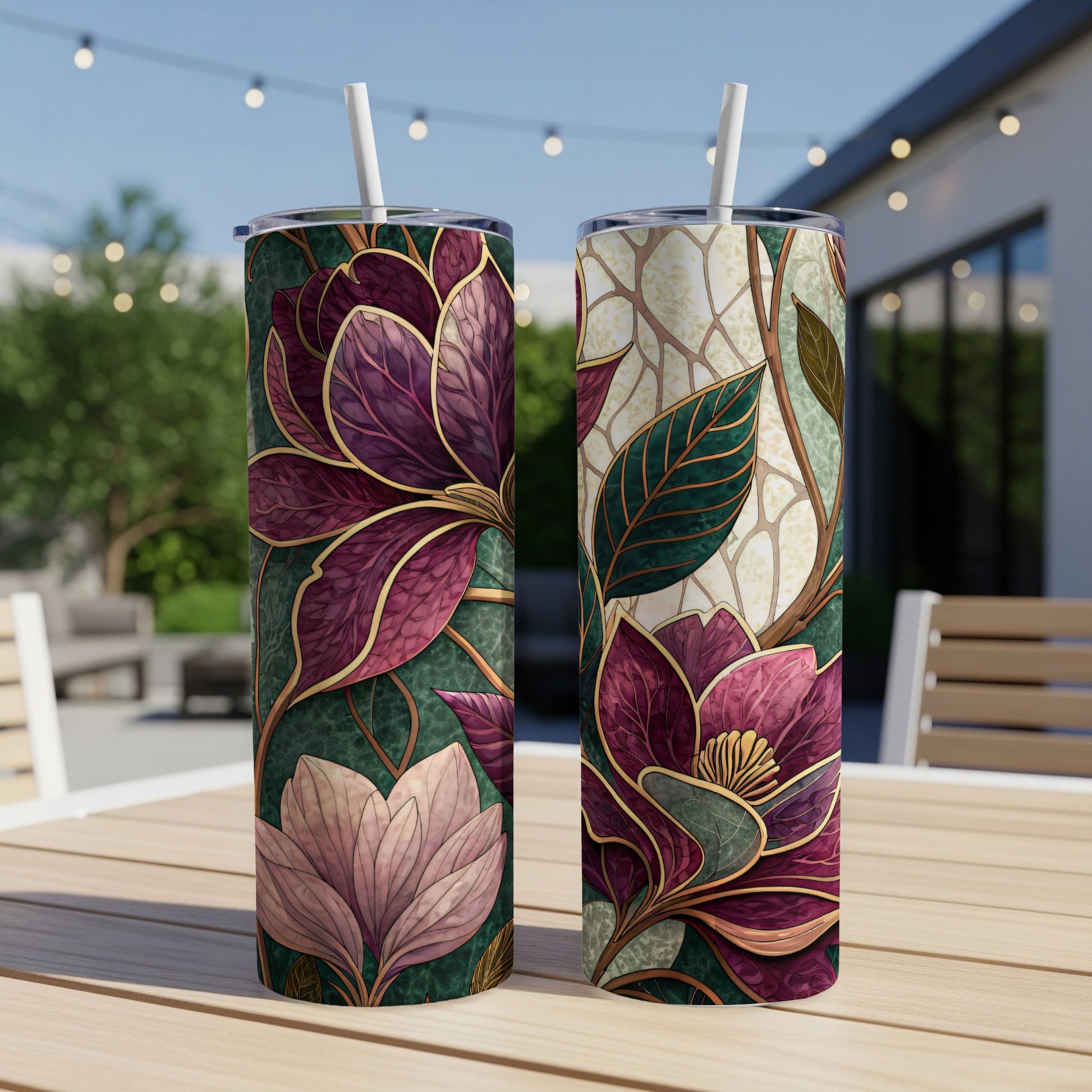 Abstract Floral Design with Gold Outlines and Lush Colors 20 oz Skinny Tumbler - Walk Greener